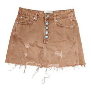 We The Free Distressed Denim Mini Skirt Copper Brown Button Front Size 25